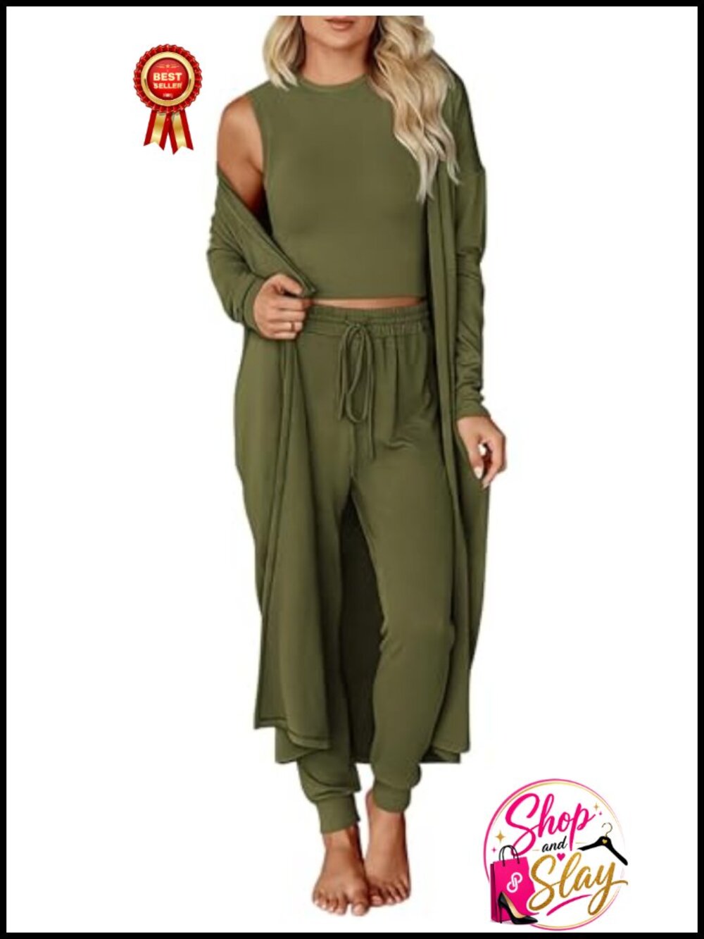 3 Piece Lounge Set Crop Tank Jogger Pants Cardigan Travel Outfit